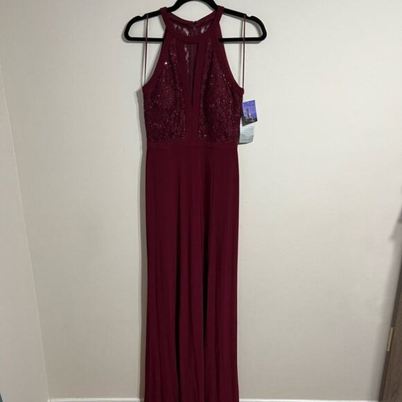 Morgan & Co Merlot Illusion Floor Length Gown size 5/6 - Picture 4 of 8